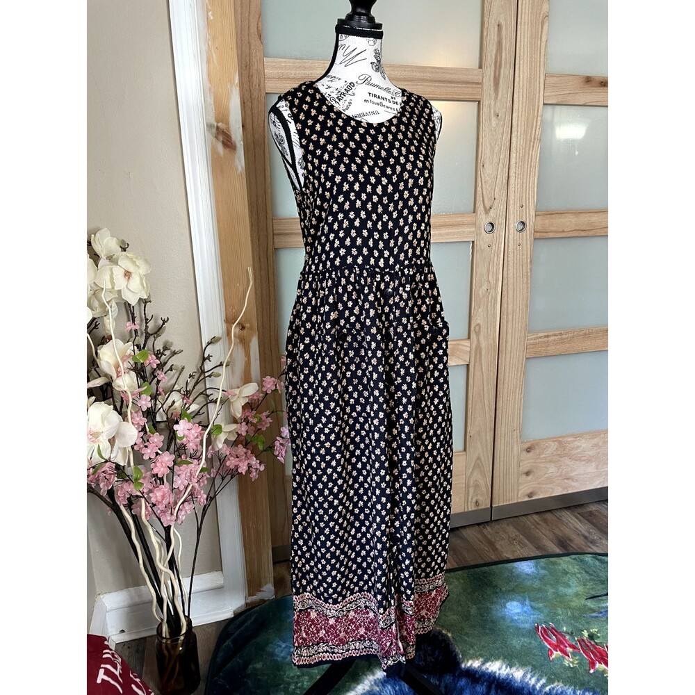 S Roberts Floral Sleeveless Midi Dress Border Hem Boho Vintage Cottagecore M